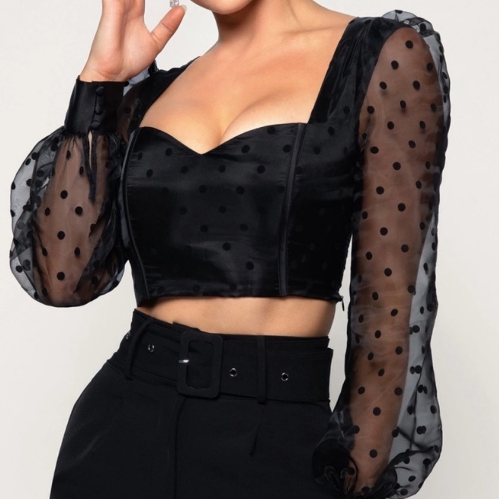MESHKI Sailor Polka Dot Sheer Puff Sleeve Black Corset Top Size Small